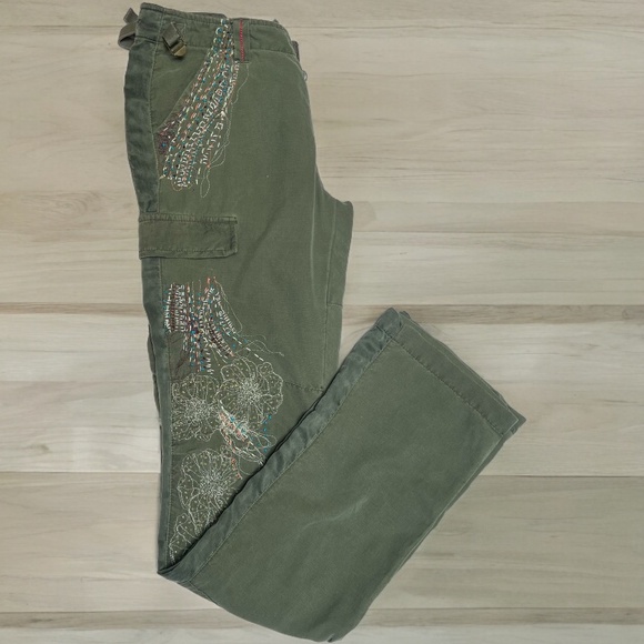 VINTAGE Da-Nang Lowrise Green Embroidered Cargo Straight leg Silk Blend Pants SM - Picture 1 of 16